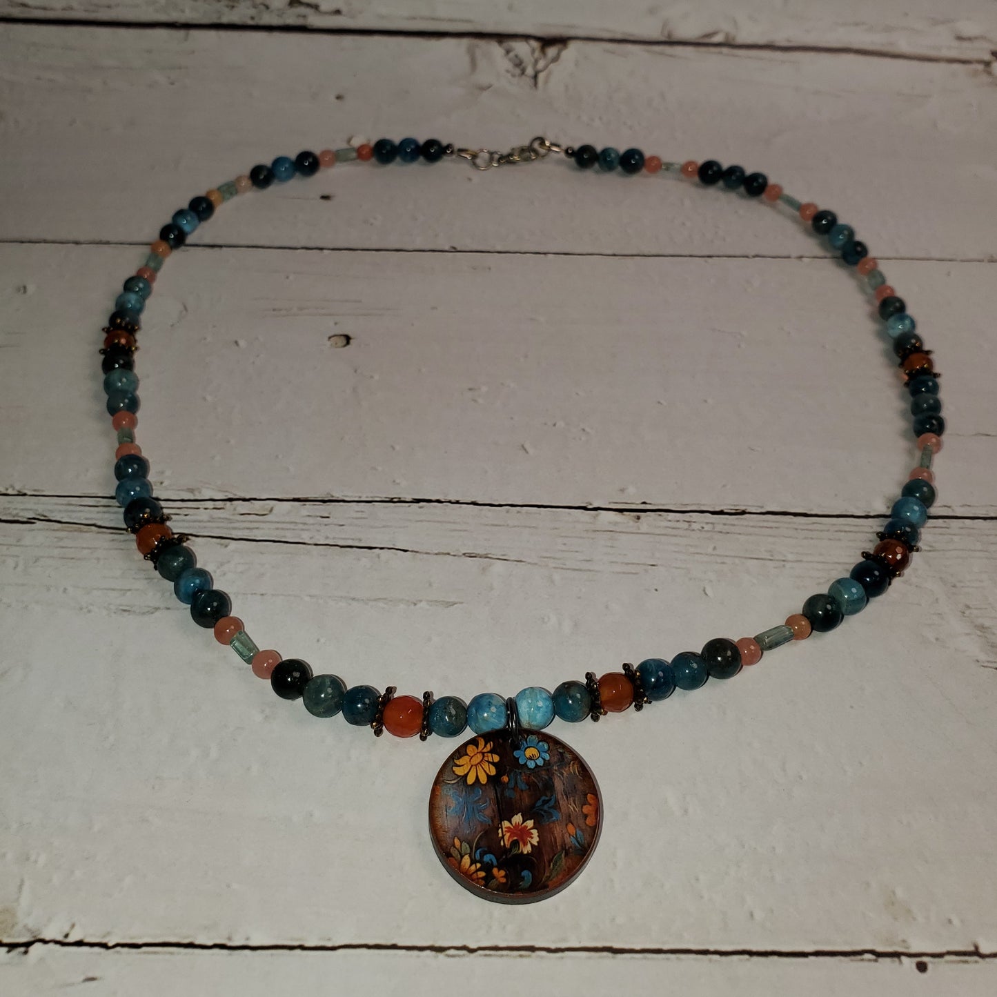 Gemstone Necklace: Blue Apatite and Carnelian with Pendant
