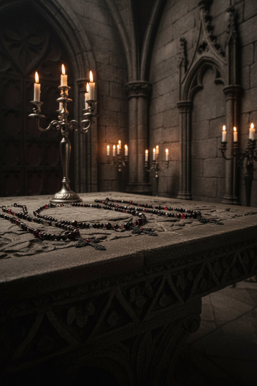 A jewelry set displayed on a white wooden surface, including a long beaded necklace on a clear stand, matching beaded necklaces, a cross pendant, and a bracelet. The beads are primarily black with small red accents.
