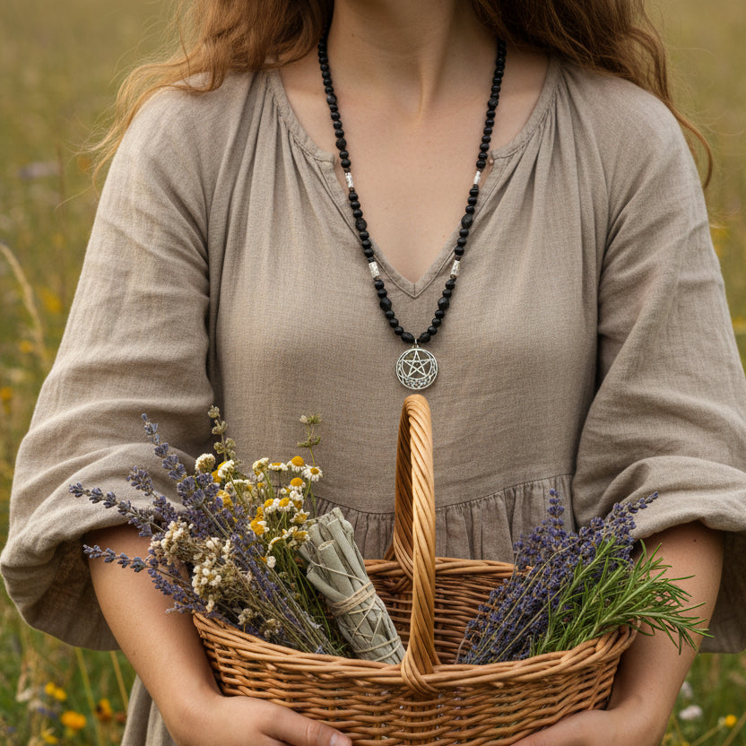 A beaded necklace with black beads, small silver spacer beads, and a silver pentagram pendant, displayed on a white wooden plank background.