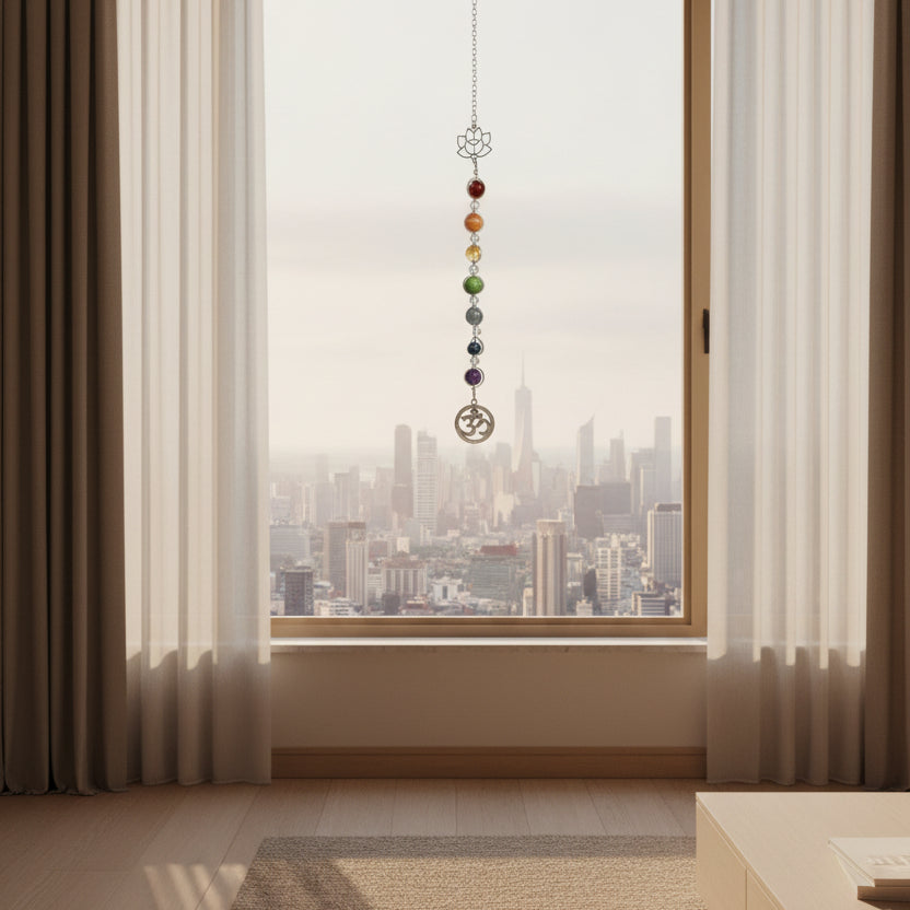 A beaded chakra wall hanger hanging against a white wooden plank background. The ornament features silver-toned metal beads and a lotus-shaped top, with colored beads representing the chakras in red, orange, yellow, green, blue, and purple, ending in a silver-toned circular hanging charm.