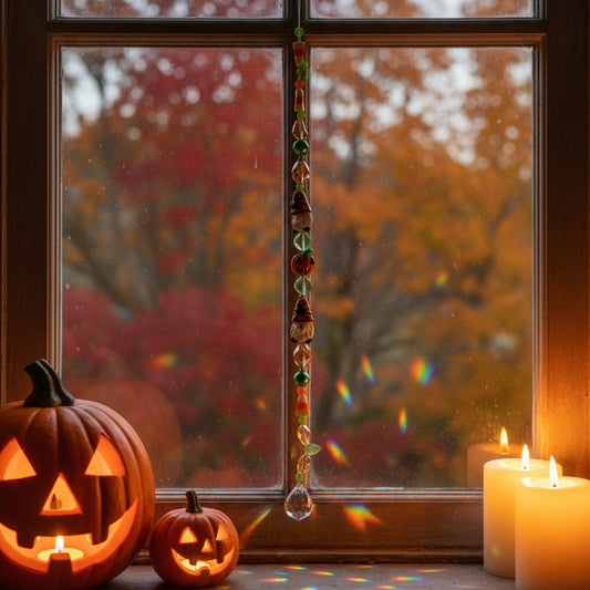 Jack O’Lantern & Halloween Gnome Crystal Suncatcher – Whimsical Window Prism Décor