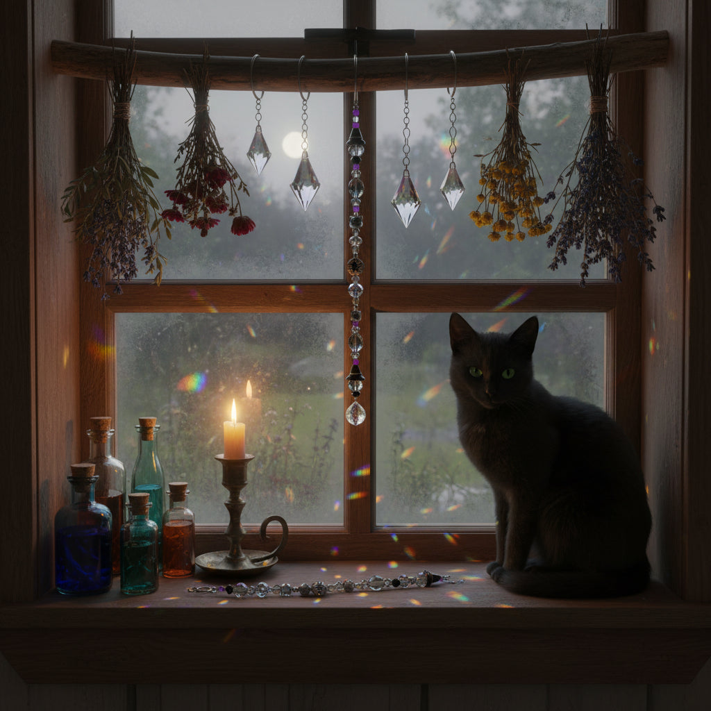 Witch’s Hat & Black Cat Crystal Suncatcher – Halloween Rainbow Window Décor