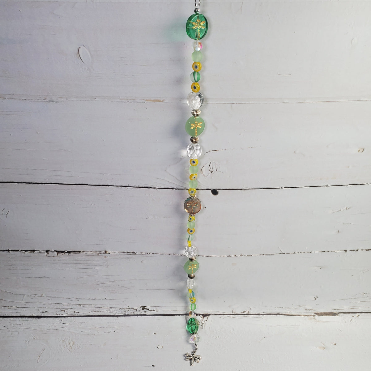 Dragonfly & Millefiori Flower Crystal Suncatcher – Green Garden Rainbow Window Décor