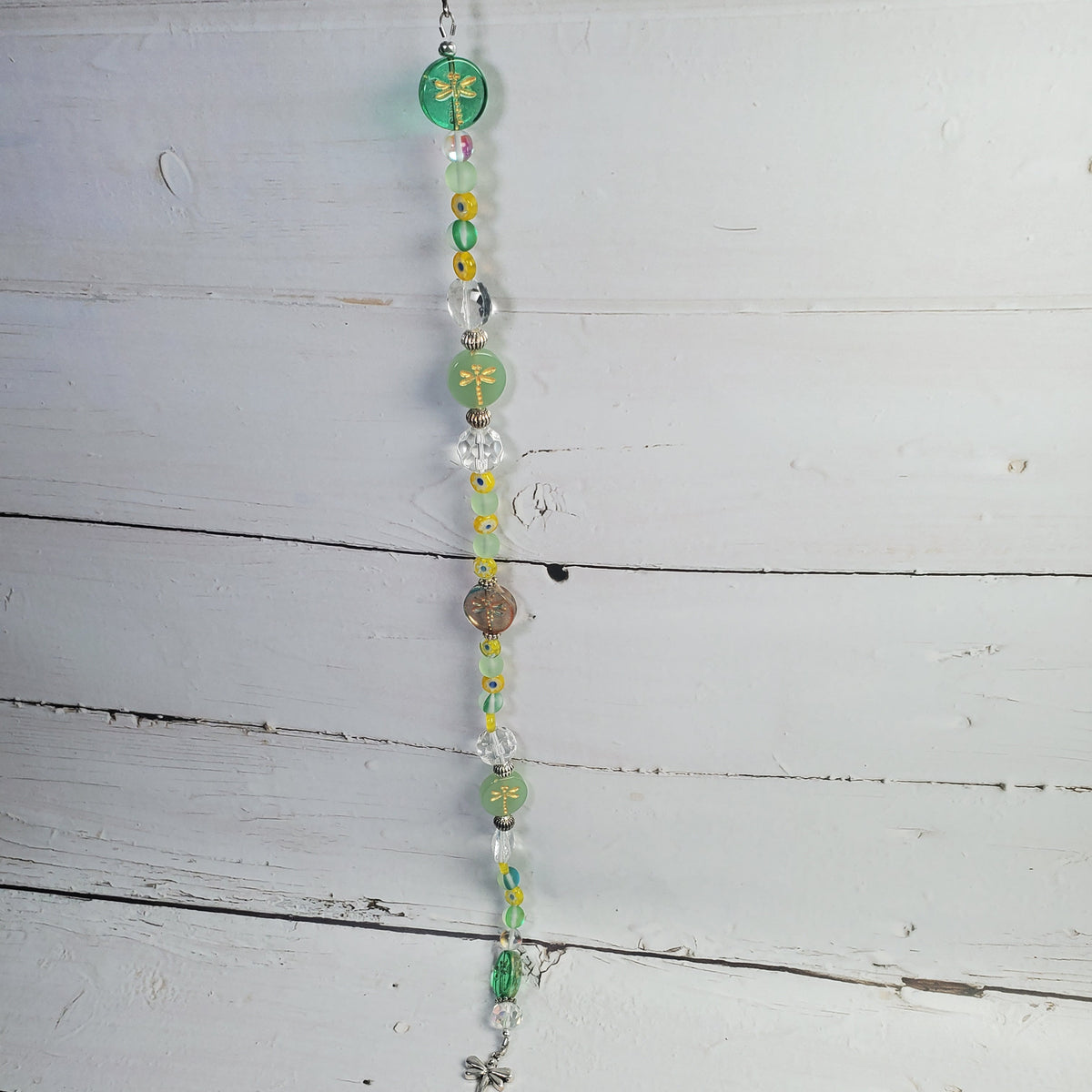 Dragonfly & Millefiori Flower Crystal Suncatcher – Green Garden Rainbow Window Décor