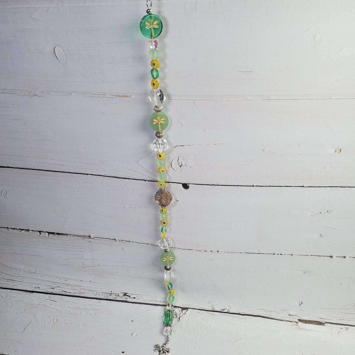 Dragonfly & Millefiori Flower Crystal Suncatcher – Green Garden Rainbow Window Décor