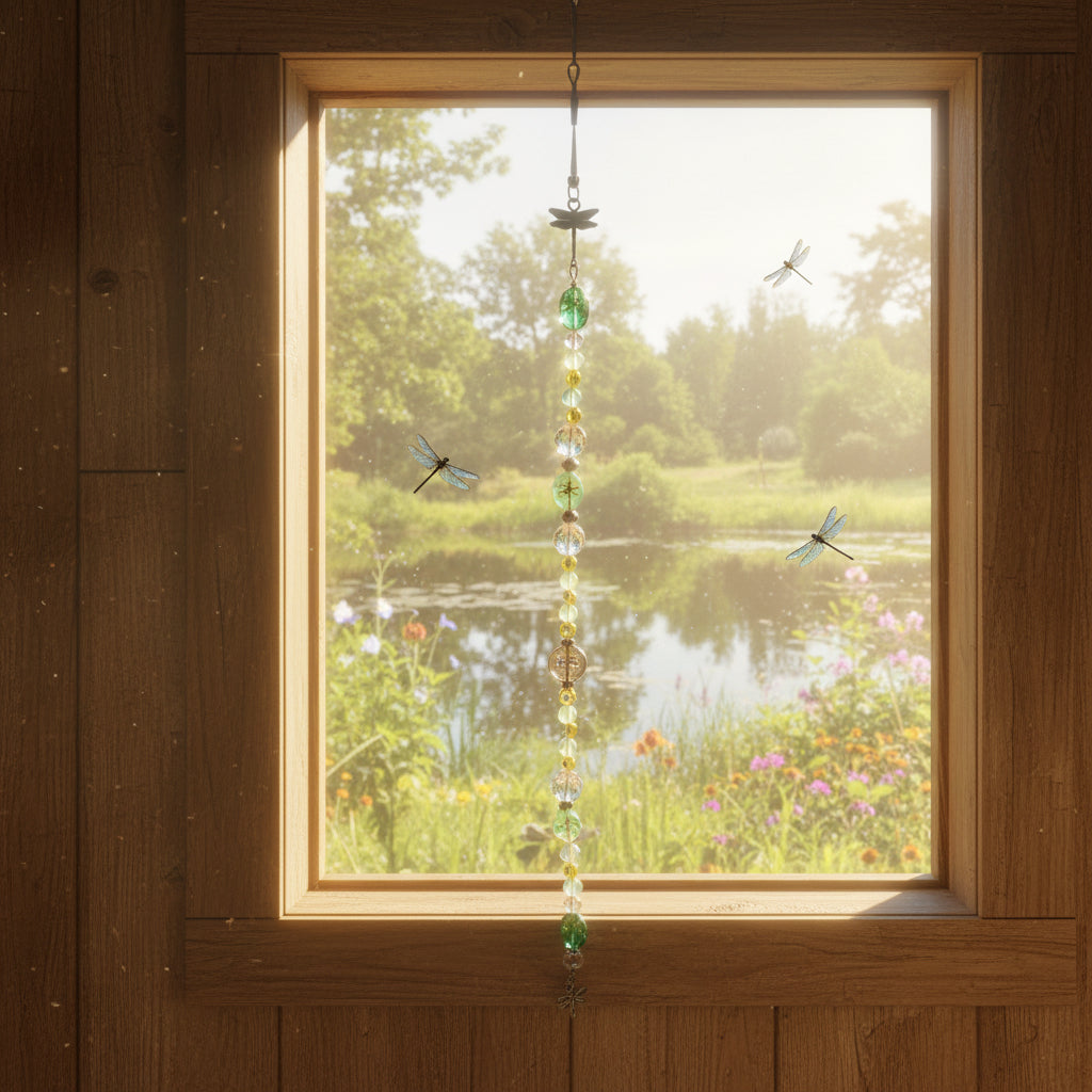 Dragonfly & Millefiori Flower Crystal Suncatcher – Green Garden Rainbow Window Décor