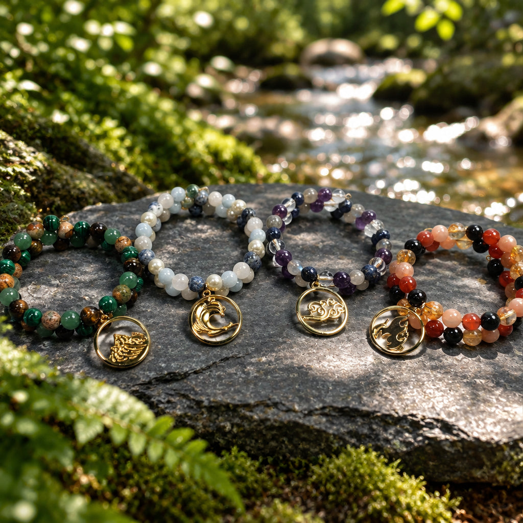 Four beaded memory wire bracelets with gold-toned animal pendants arranged on a distressed white wooden surface. The bracelets feature mixed natural stones in green, brown, white, purple, orange, and black.
