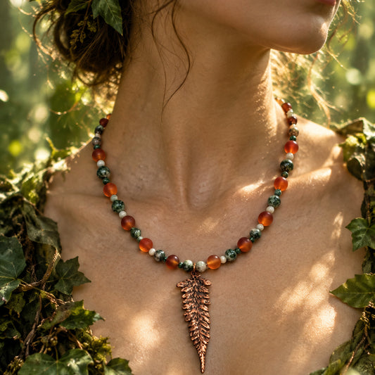 Copper Fern Forest Gemstone Necklace – Moss Agate & Carnelian