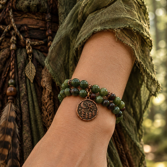 Forest & Cosmos Green Jade Gemstone Bracelet – Copper & Wood Memory Wire Cuff
