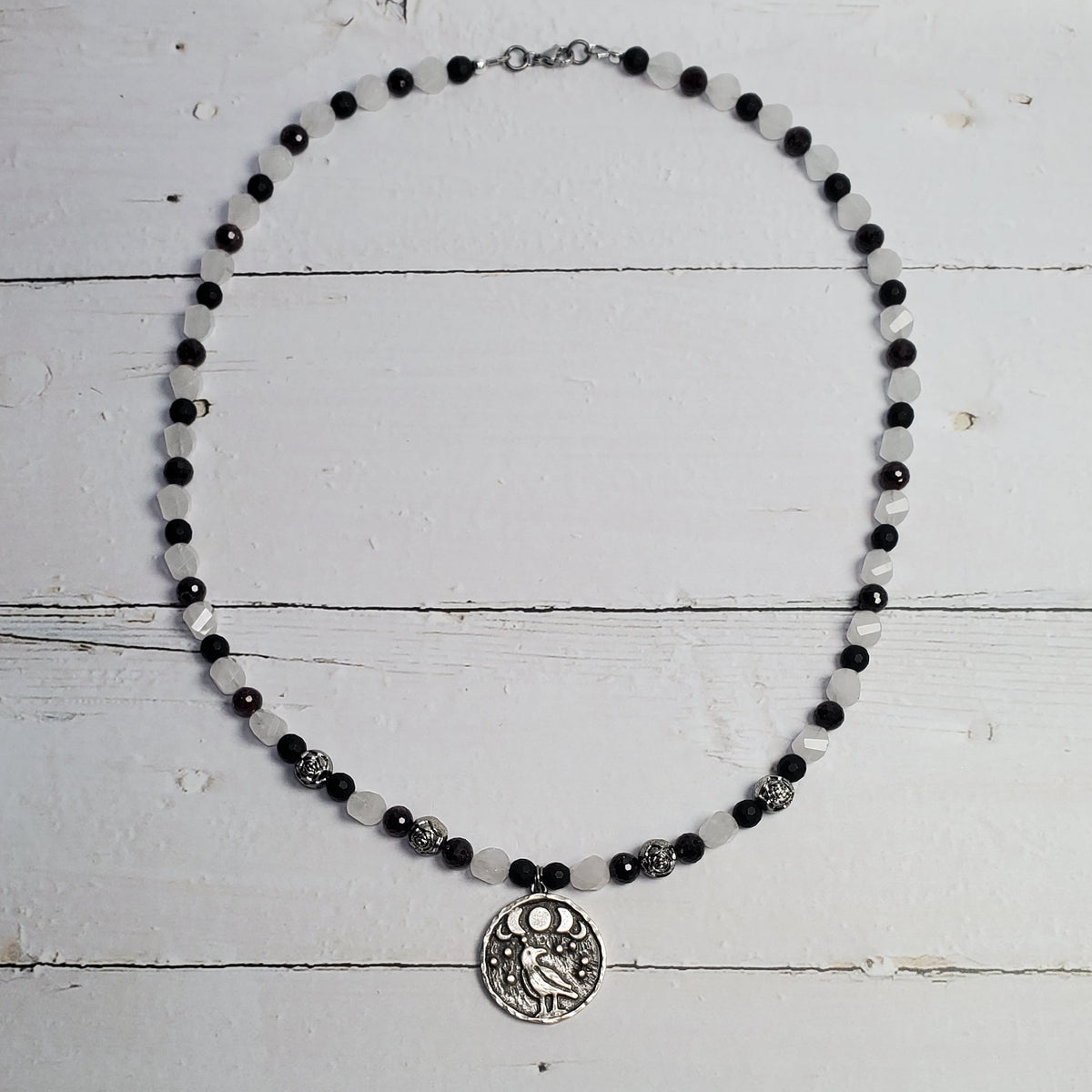 Raven & Moon Gemstone Necklace – Rose Quartz, Red Garnet & Black Onyx