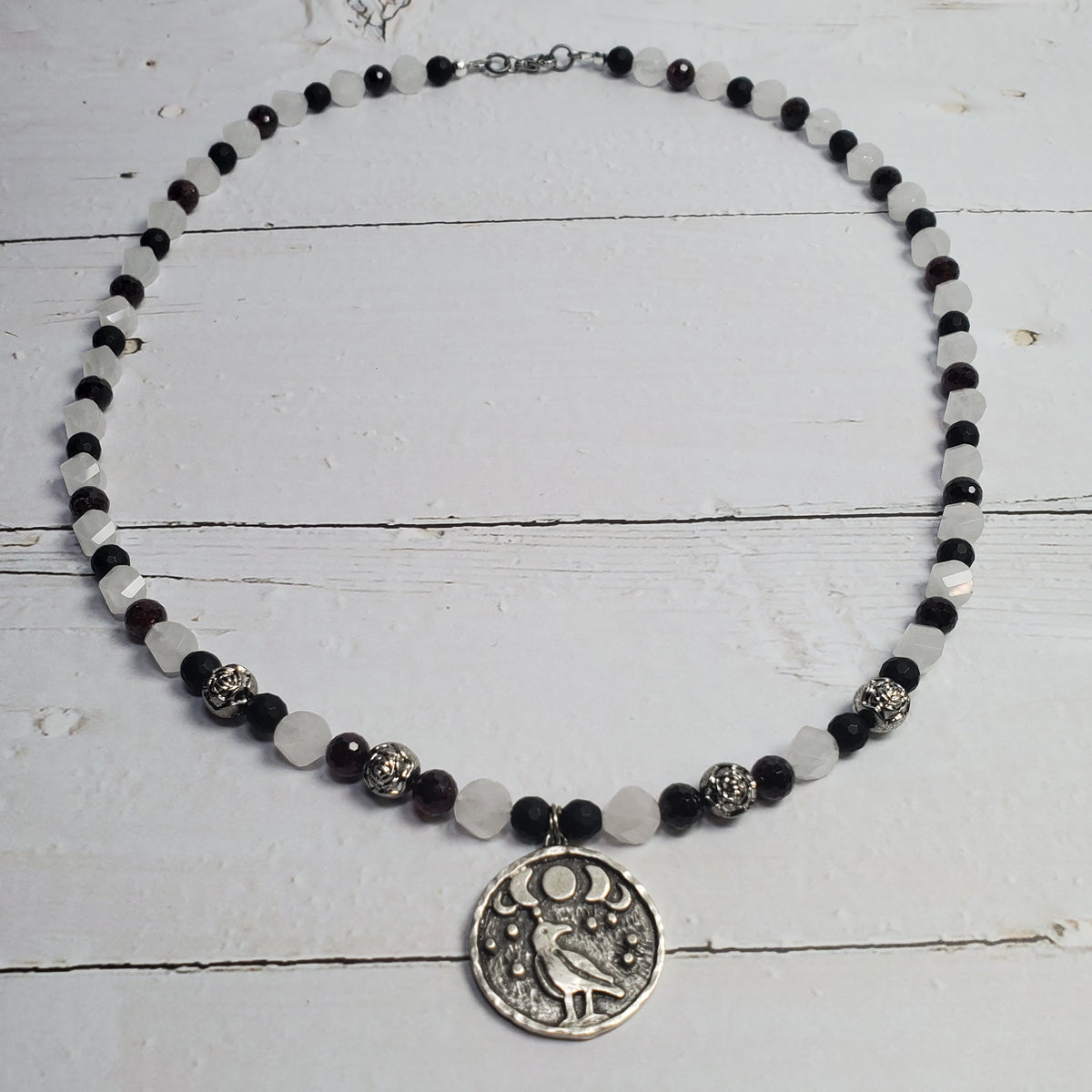 Raven & Moon Gemstone Necklace – Rose Quartz, Red Garnet & Black Onyx