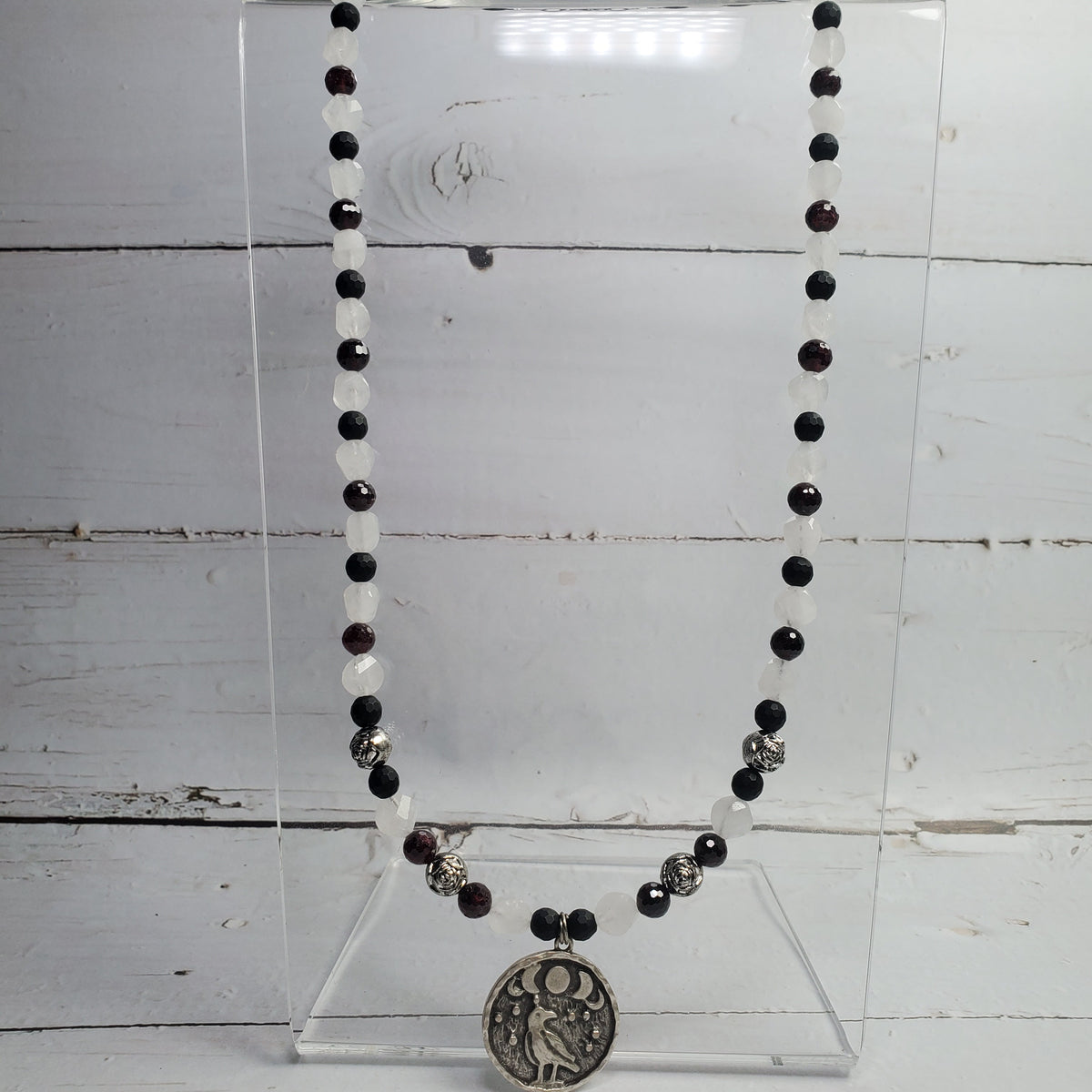 Raven & Moon Gemstone Necklace – Rose Quartz, Red Garnet & Black Onyx