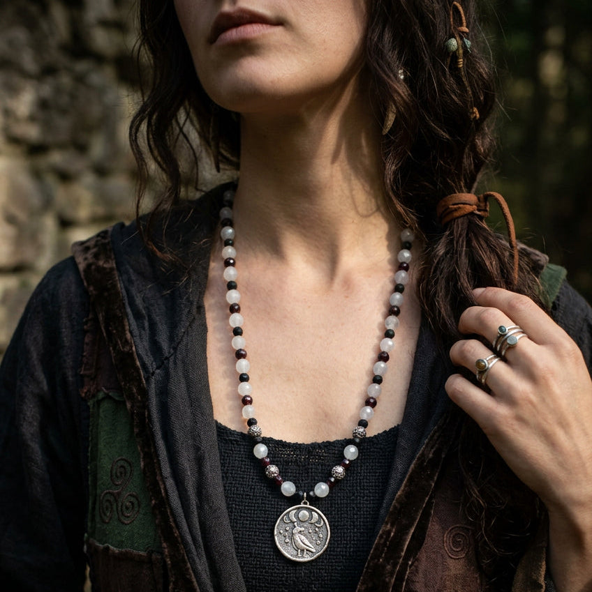 A beaded necklace with alternating black and white beads, featuring a round silver-toned medallion pendant, displayed on a clear acrylic stand against a white wooden background.