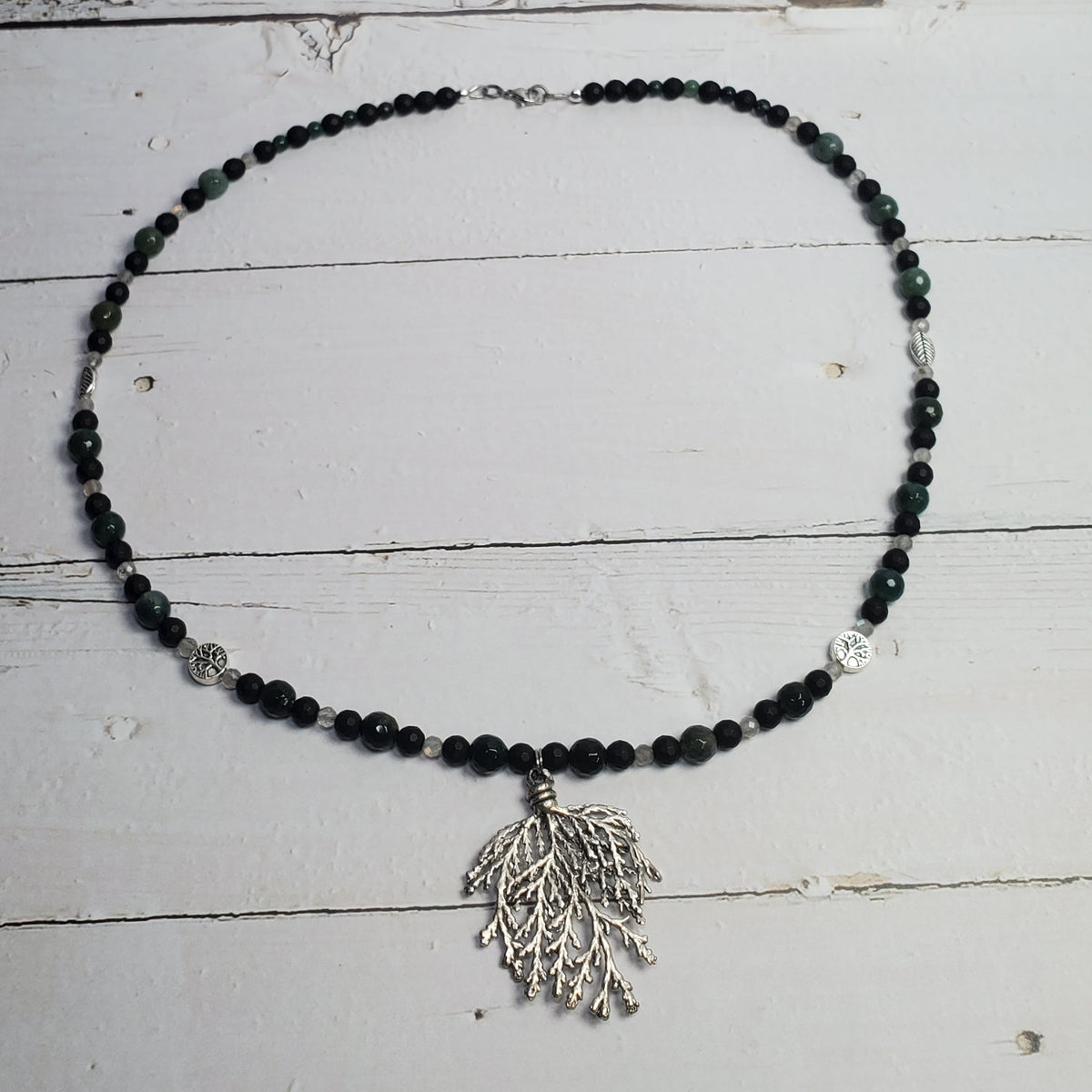 Mystic Forest Gemstone Necklace – Moss Agate, Black Onyx & Labradorite with Pewter Pine Leaf Pendant