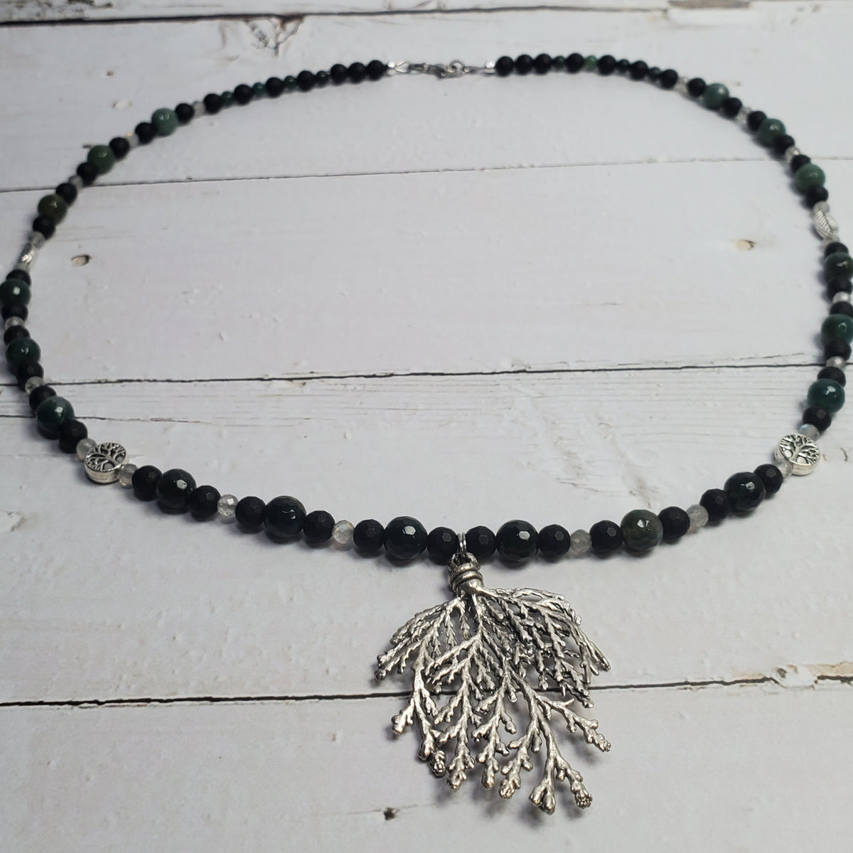 Mystic Forest Gemstone Necklace – Moss Agate, Black Onyx & Labradorite with Pewter Pine Leaf Pendant