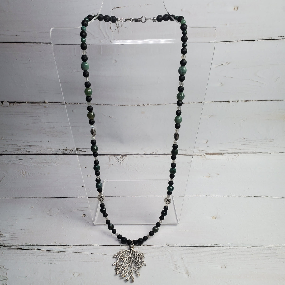 Mystic Forest Gemstone Necklace – Moss Agate, Black Onyx & Labradorite with Pewter Pine Leaf Pendant