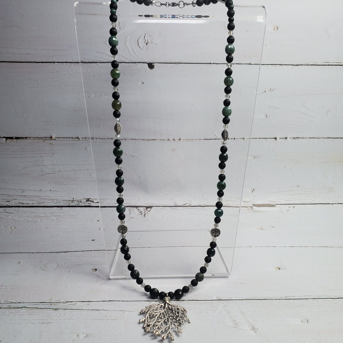 Mystic Forest Gemstone Necklace – Moss Agate, Black Onyx & Labradorite with Pewter Pine Leaf Pendant