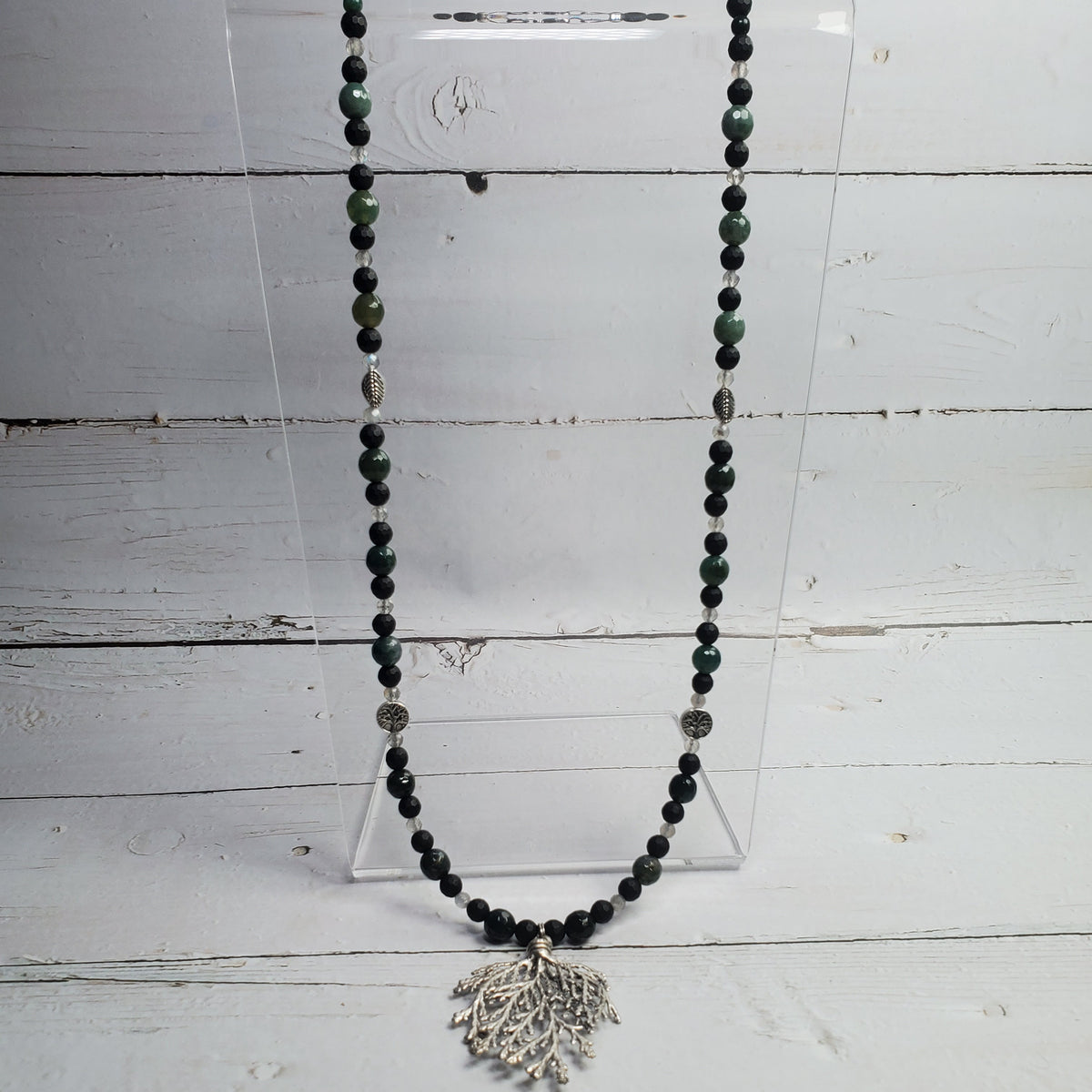 Mystic Forest Gemstone Necklace – Moss Agate, Black Onyx & Labradorite with Pewter Pine Leaf Pendant