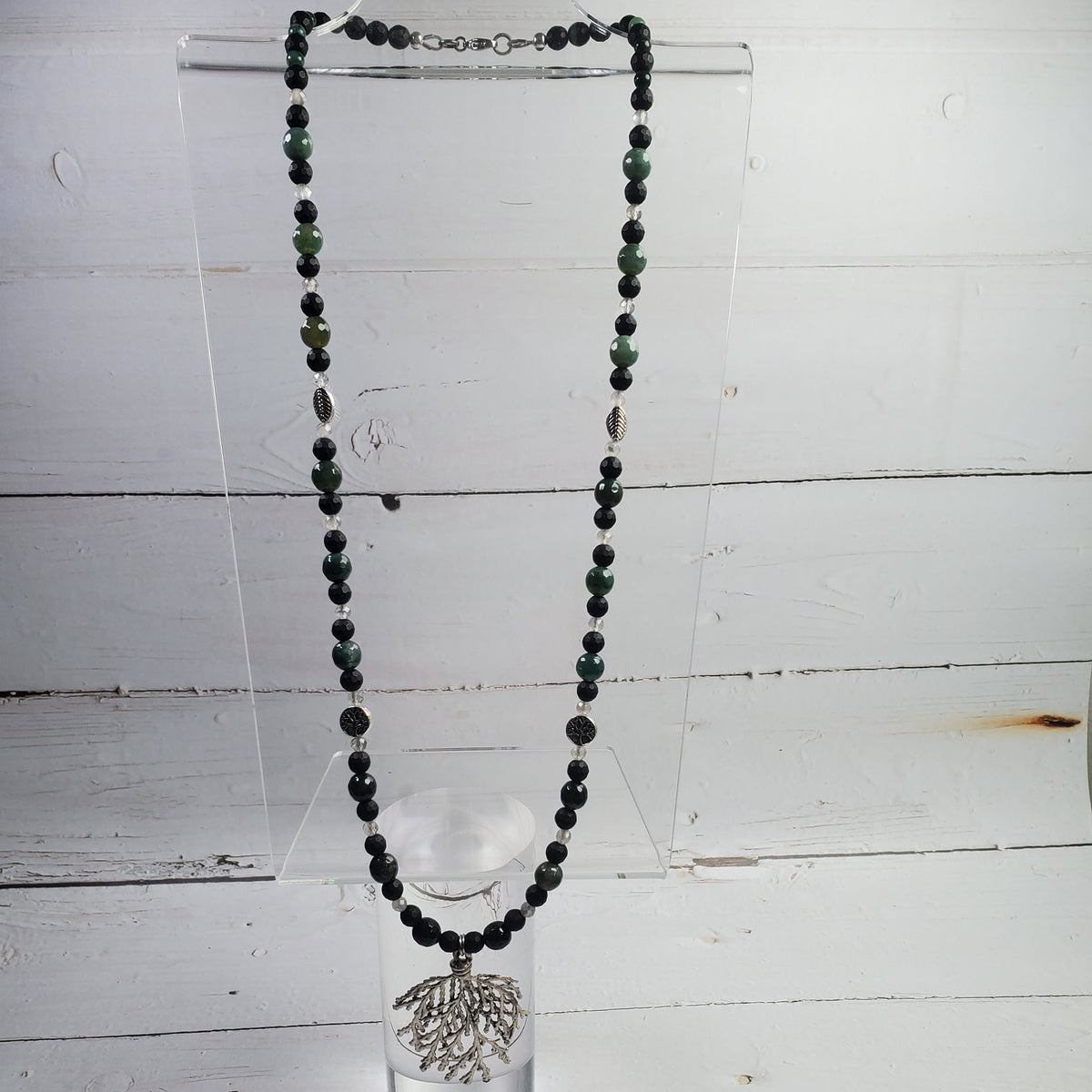 Mystic Forest Gemstone Necklace – Moss Agate, Black Onyx & Labradorite with Pewter Pine Leaf Pendant