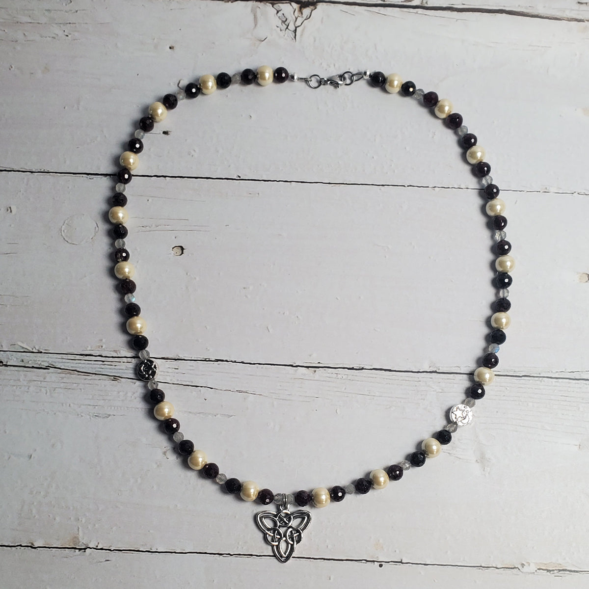 Celtic Knot Gemstone Necklace – Red Garnet, Labradorite & Hematine with Pewter Moon and Star Accents