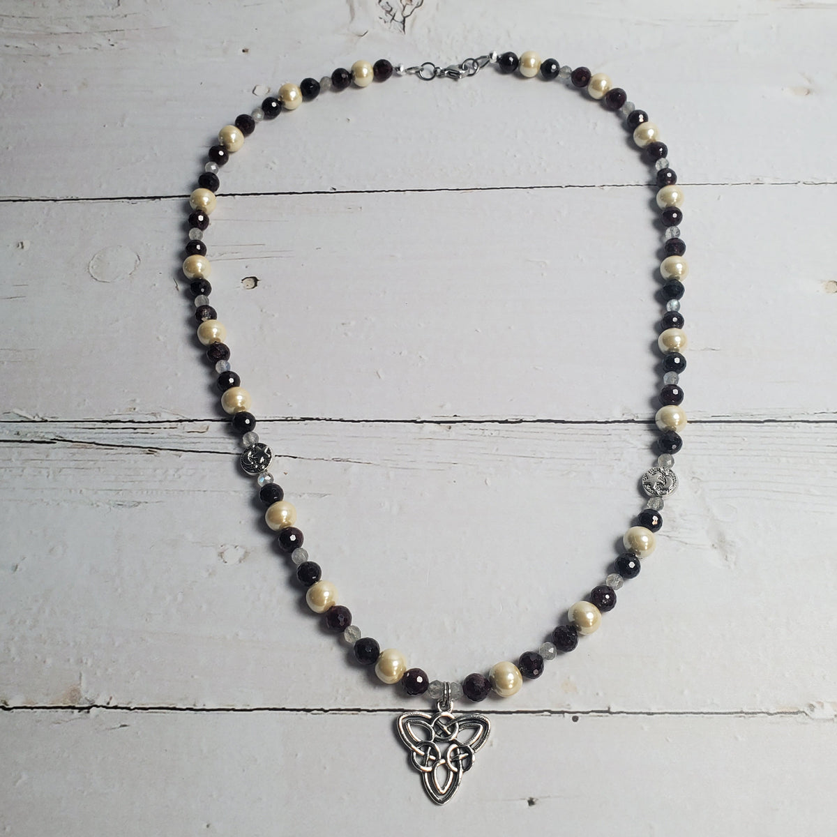 Celtic Knot Gemstone Necklace – Red Garnet, Labradorite & Hematine with Pewter Moon and Star Accents