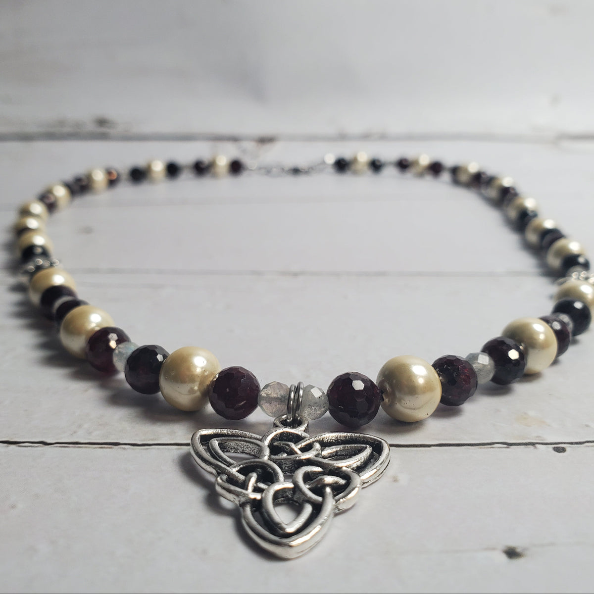 Celtic Knot Gemstone Necklace – Red Garnet, Labradorite & Hematine with Pewter Moon and Star Accents