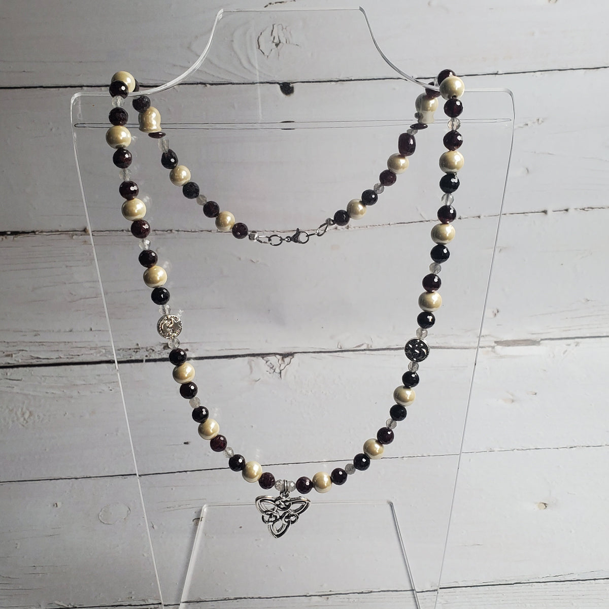 Celtic Knot Gemstone Necklace – Red Garnet, Labradorite & Hematine with Pewter Moon and Star Accents