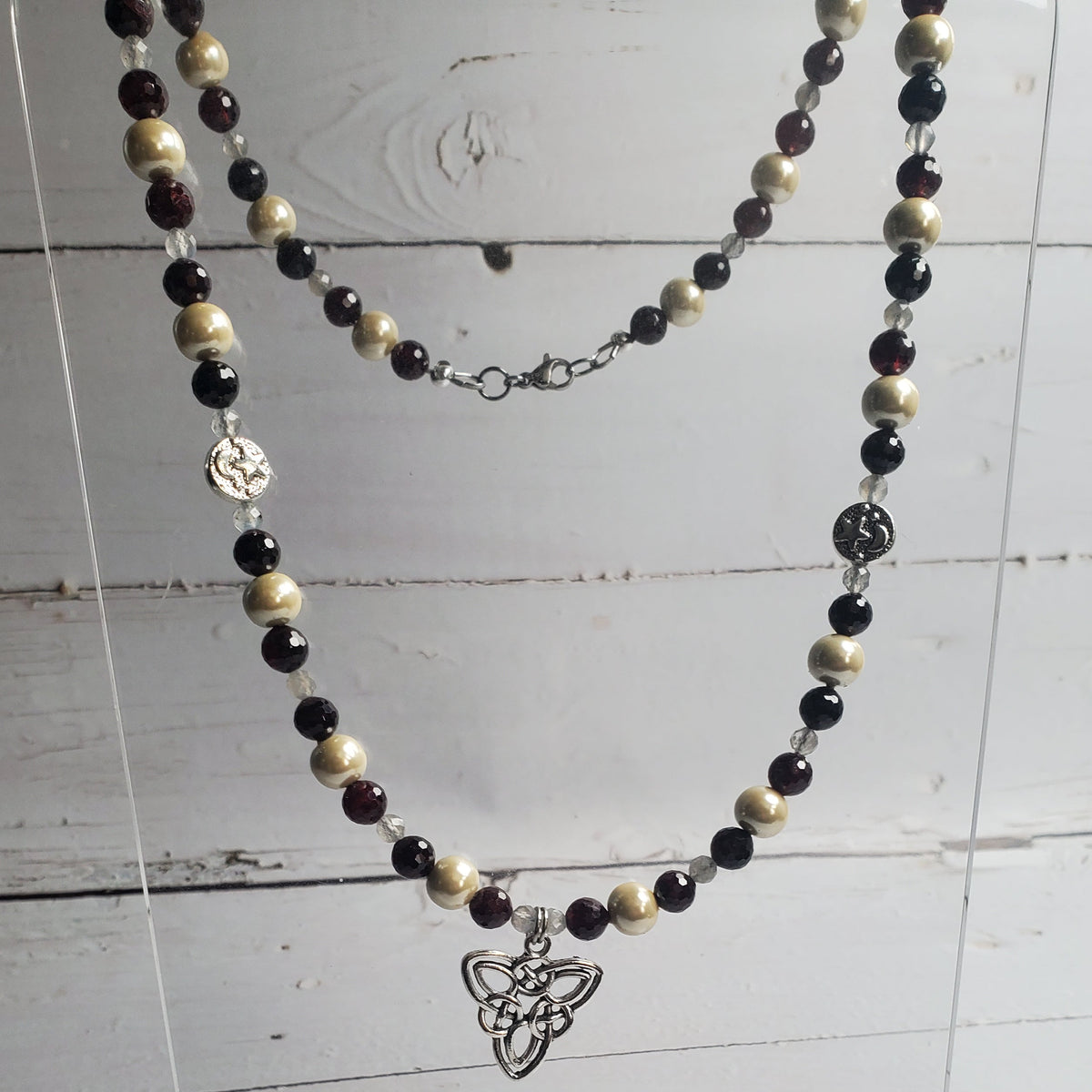 Celtic Knot Gemstone Necklace – Red Garnet, Labradorite & Hematine with Pewter Moon and Star Accents