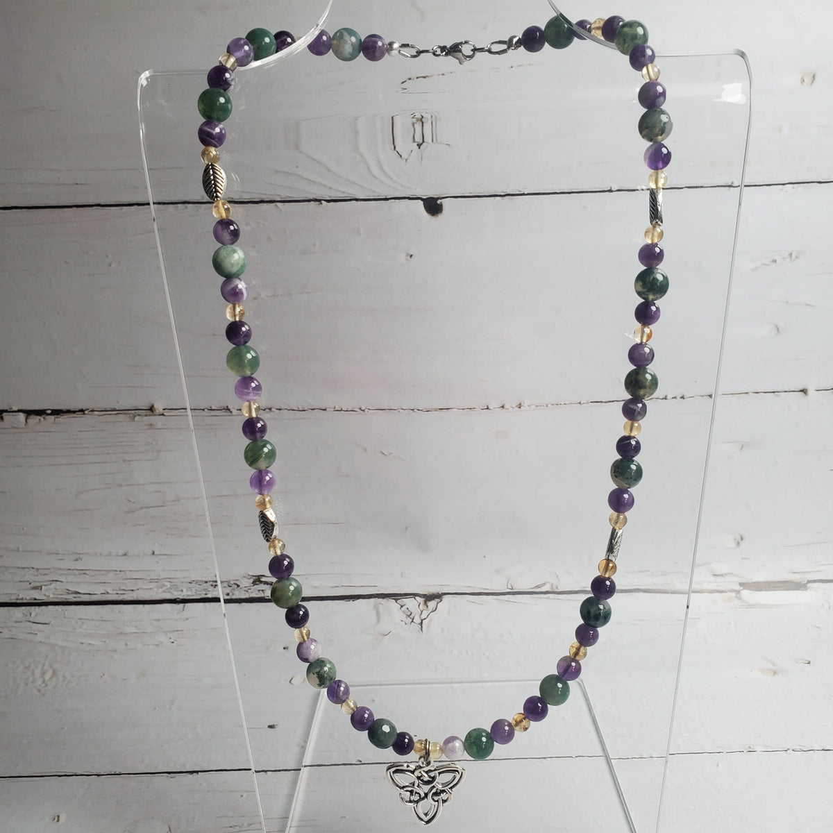 Celtic Knot Gemstone Necklace – Moss Agate, Amethyst & Citrine with Pewter Leaf Accents