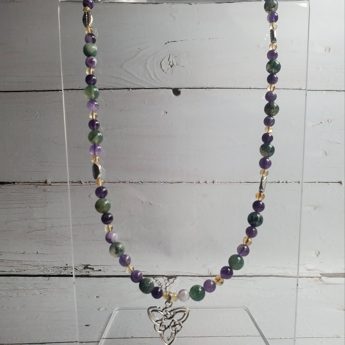 Celtic Knot Gemstone Necklace – Moss Agate, Amethyst & Citrine with Pewter Leaf Accents