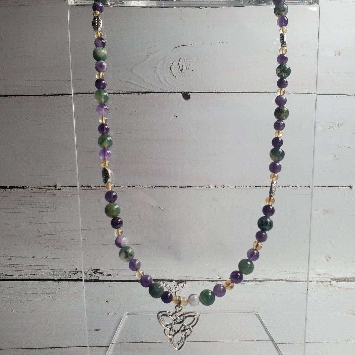 Celtic Knot Gemstone Necklace – Moss Agate, Amethyst & Citrine with Pewter Leaf Accents