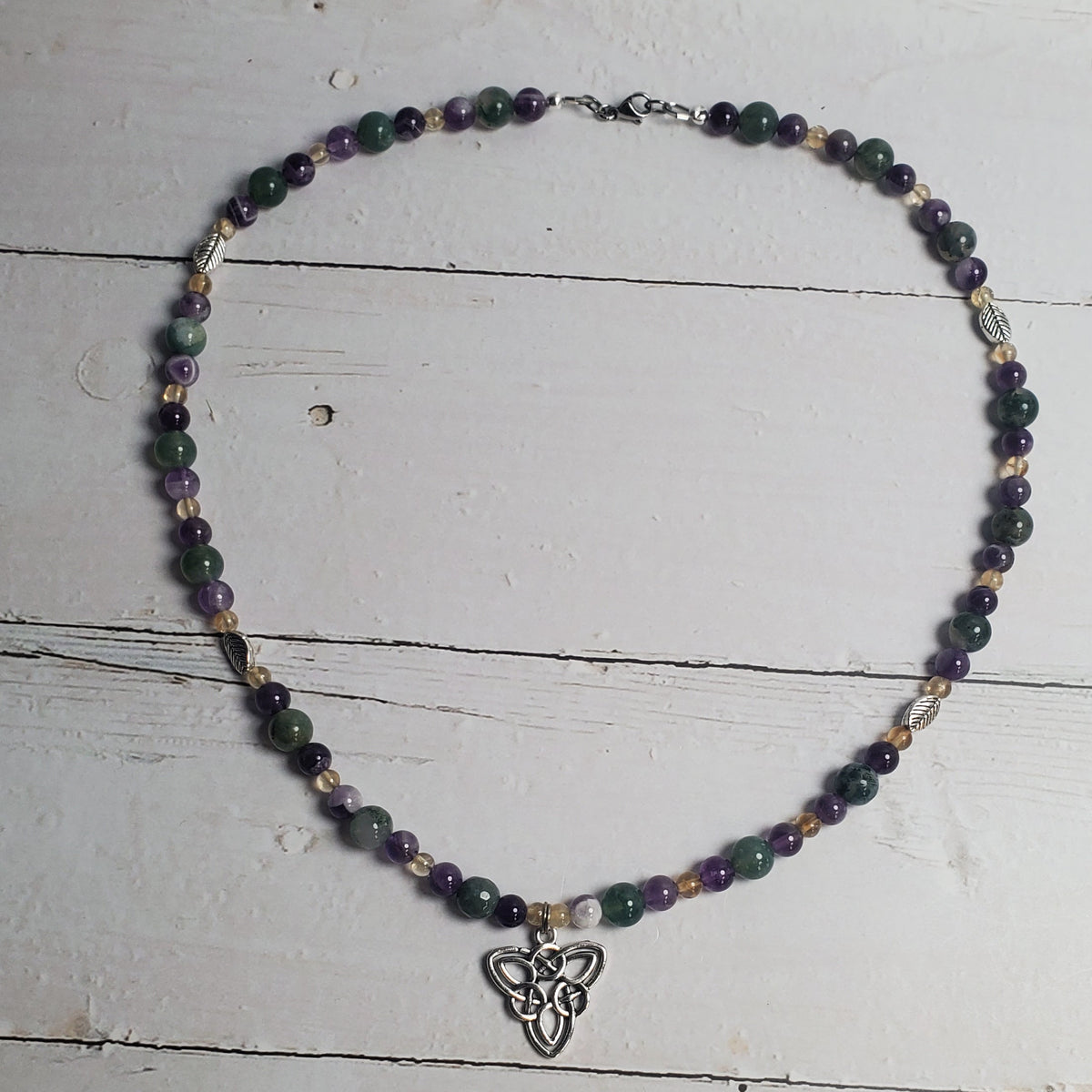 Celtic Knot Gemstone Necklace – Moss Agate, Amethyst & Citrine with Pewter Leaf Accents