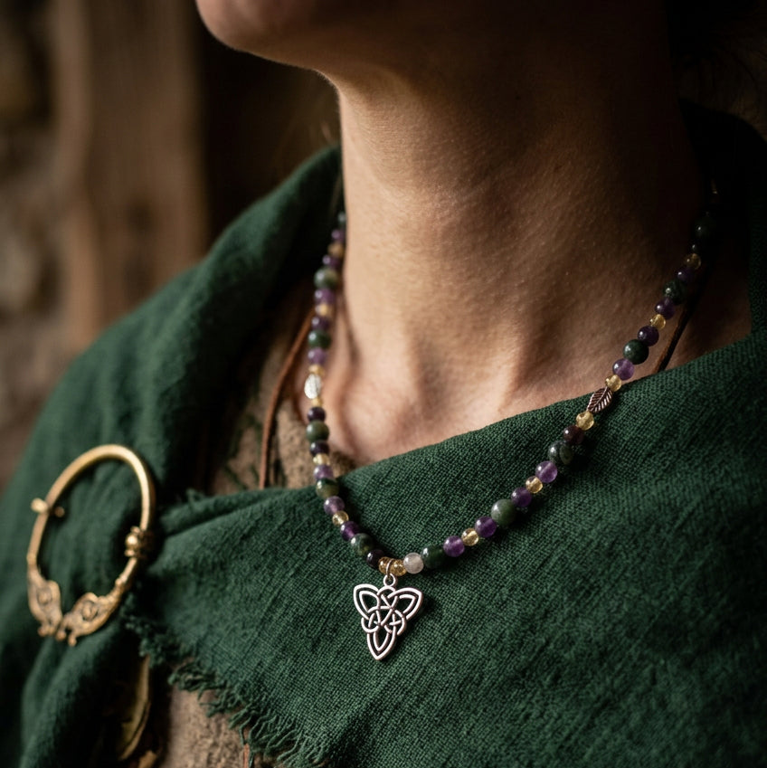 Celtic Knot Gemstone Necklace – Moss Agate, Amethyst & Citrine with Pewter Leaf Accents