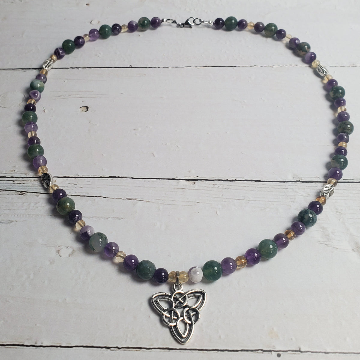 Celtic Knot Gemstone Necklace – Moss Agate, Amethyst & Citrine with Pewter Leaf Accents