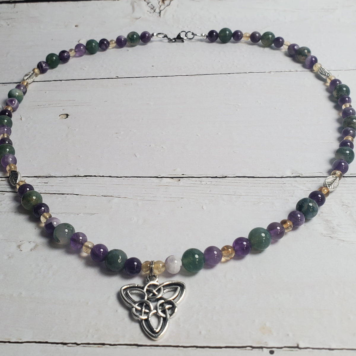 Celtic Knot Gemstone Necklace – Moss Agate, Amethyst & Citrine with Pewter Leaf Accents