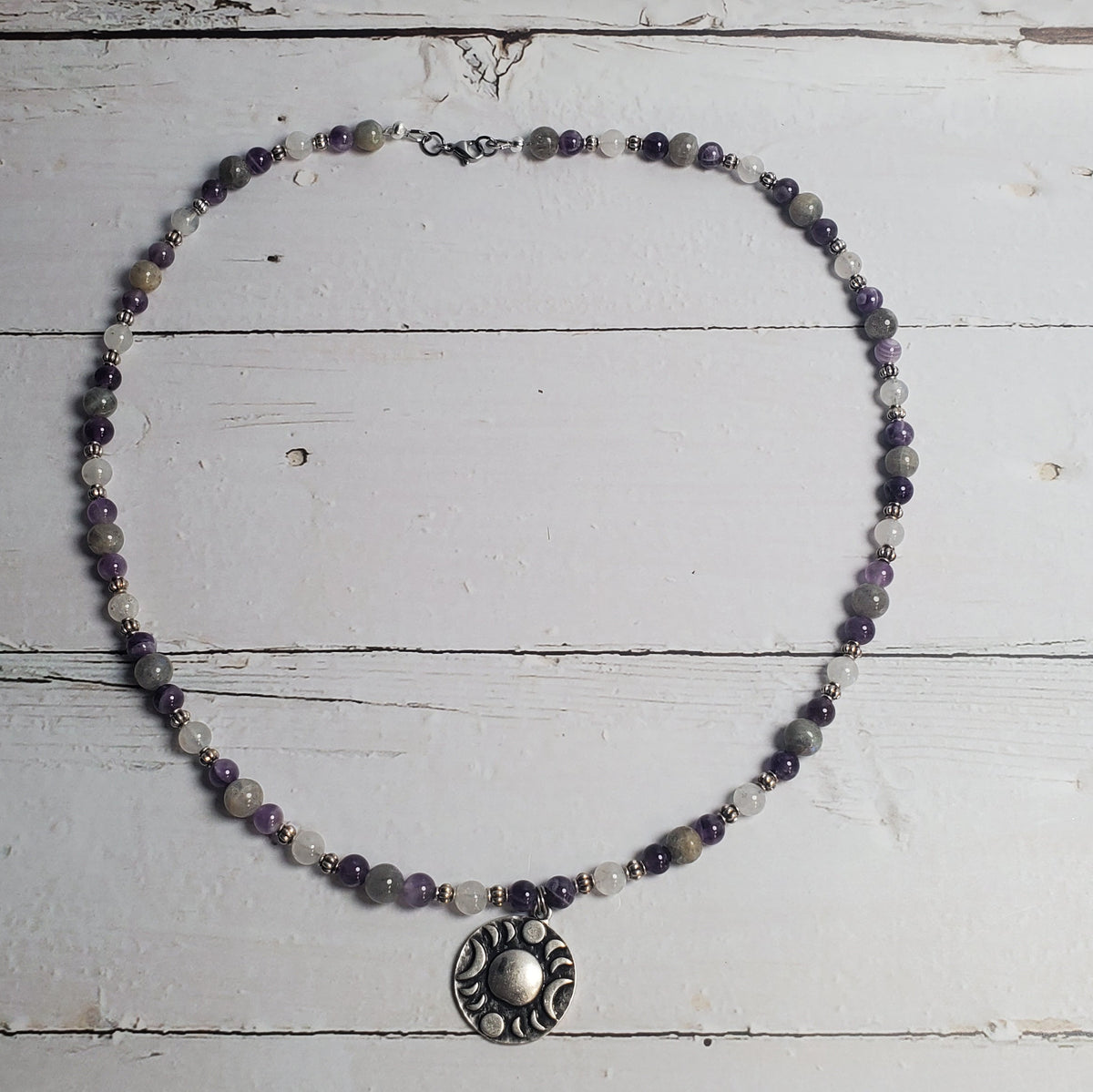 Triple Moon Gemstone Necklace – Amethyst, Labradorite & Rainbow Moonstone with Pewter Accents