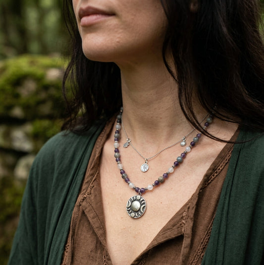 Triple Moon Gemstone Necklace – Amethyst, Labradorite & Rainbow Moonstone with Pewter Accents