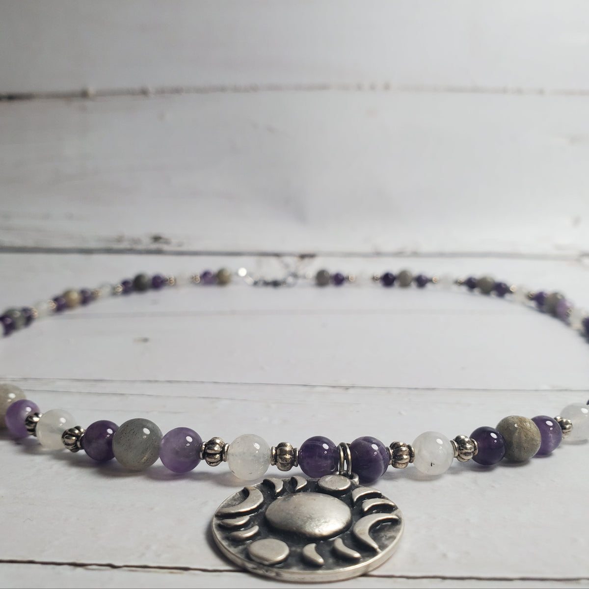 Triple Moon Gemstone Necklace – Amethyst, Labradorite & Rainbow Moonstone with Pewter Accents