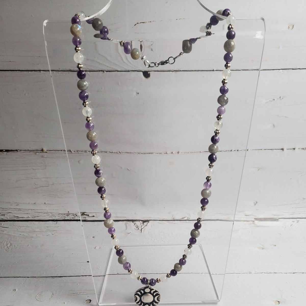 Triple Moon Gemstone Necklace – Amethyst, Labradorite & Rainbow Moonstone with Pewter Accents