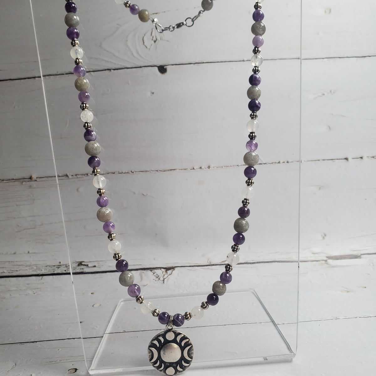Triple Moon Gemstone Necklace – Amethyst, Labradorite & Rainbow Moonstone with Pewter Accents