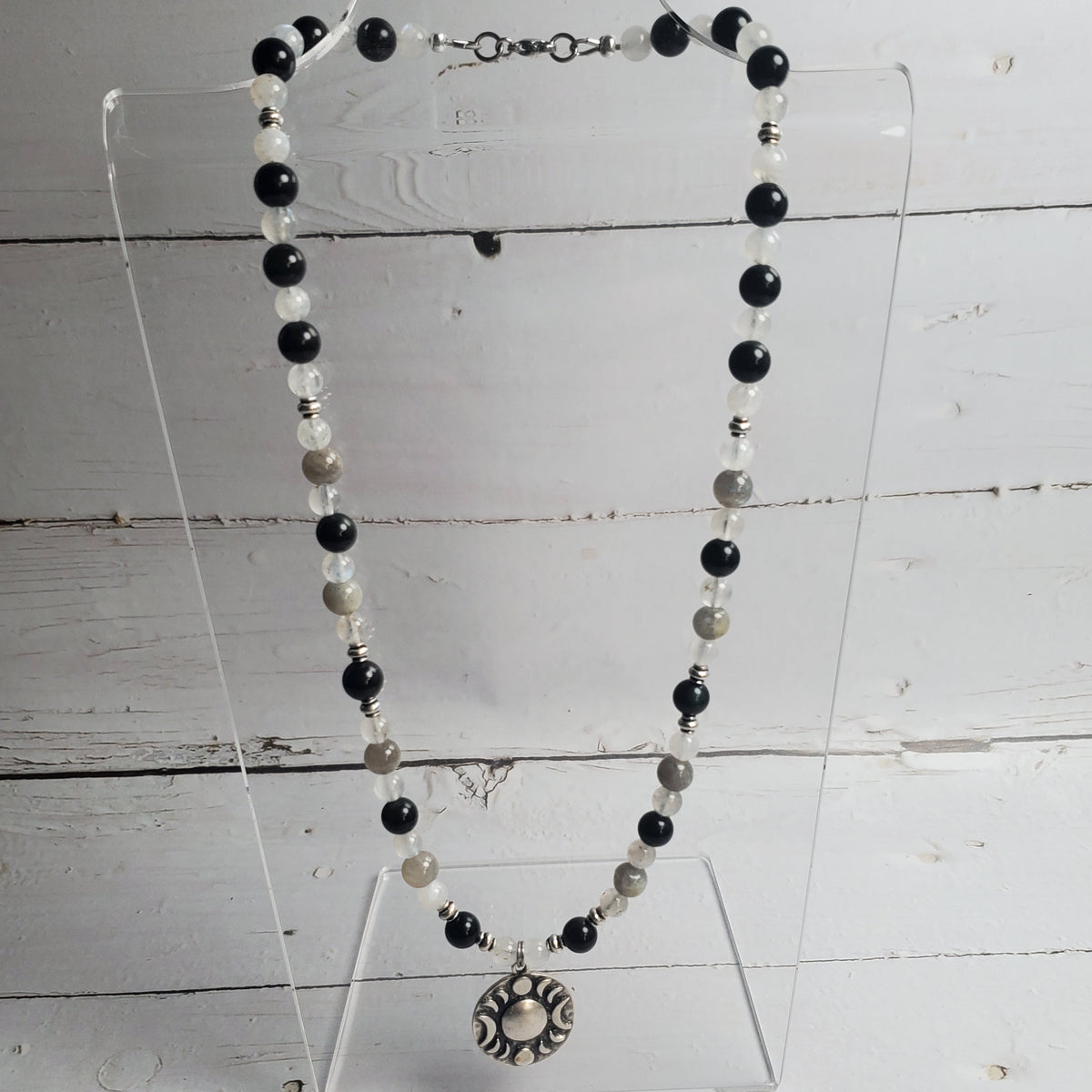 Triple Moon Gemstone Necklace – Labradorite, Rainbow Moonstone & Rainbow Obsidian with Pewter Pendant