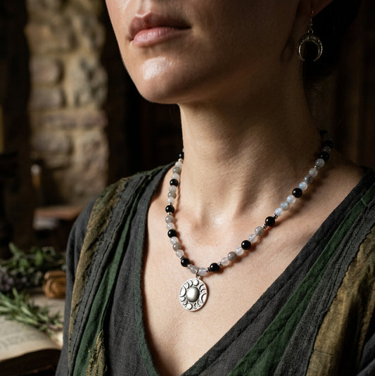 Triple Moon Gemstone Necklace – Labradorite, Rainbow Moonstone & Rainbow Obsidian with Pewter Pendant