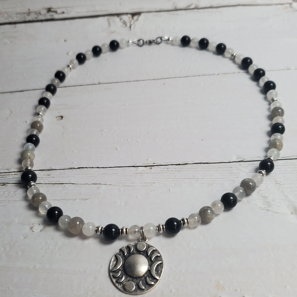 Triple Moon Gemstone Necklace – Labradorite, Rainbow Moonstone & Rainbow Obsidian with Pewter Pendant