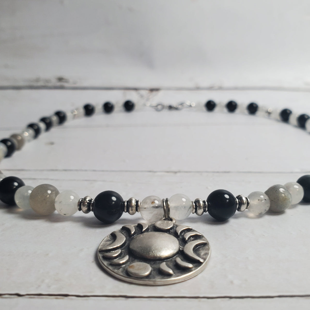 Triple Moon Gemstone Necklace – Labradorite, Rainbow Moonstone & Rainbow Obsidian with Pewter Pendant