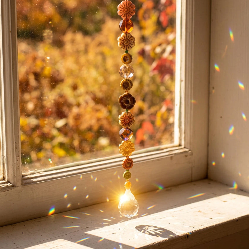 Crystal Suncatcher with Czech Glass Flowers – 11-Inch Jewel-Tone Window Rainbow Catcher