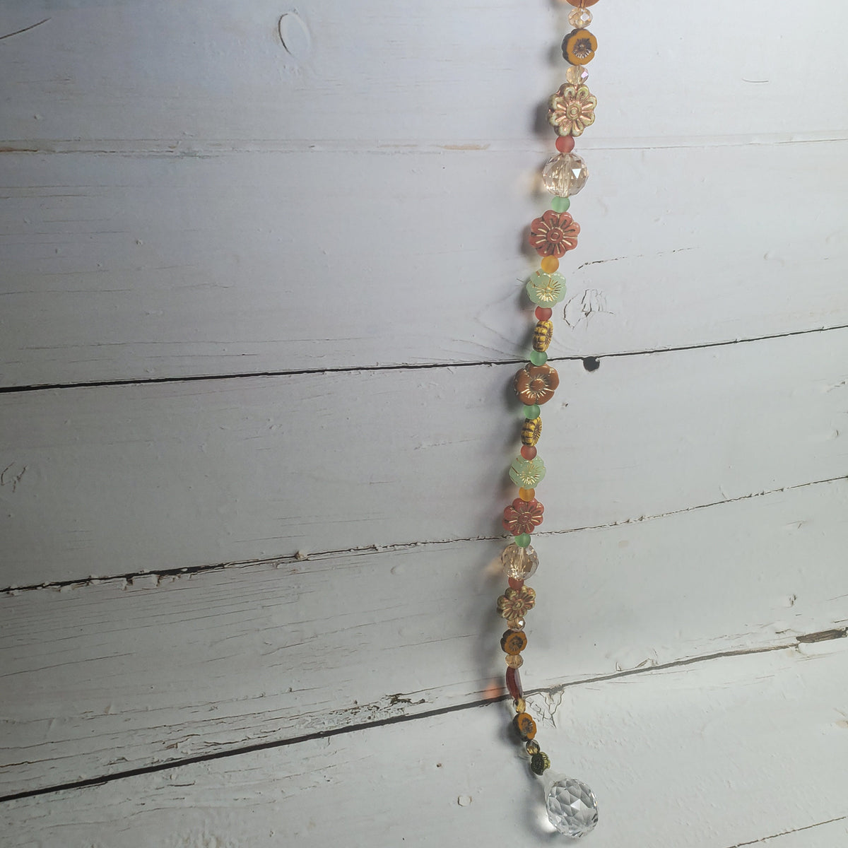16-Inch Crystal Suncatcher with Czech Glass Flowers – Jewel-Tone Rainbow Prism Window Hanging