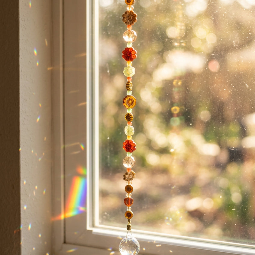 16-Inch Crystal Suncatcher with Czech Glass Flowers – Jewel-Tone Rainbow Prism Window Hanging