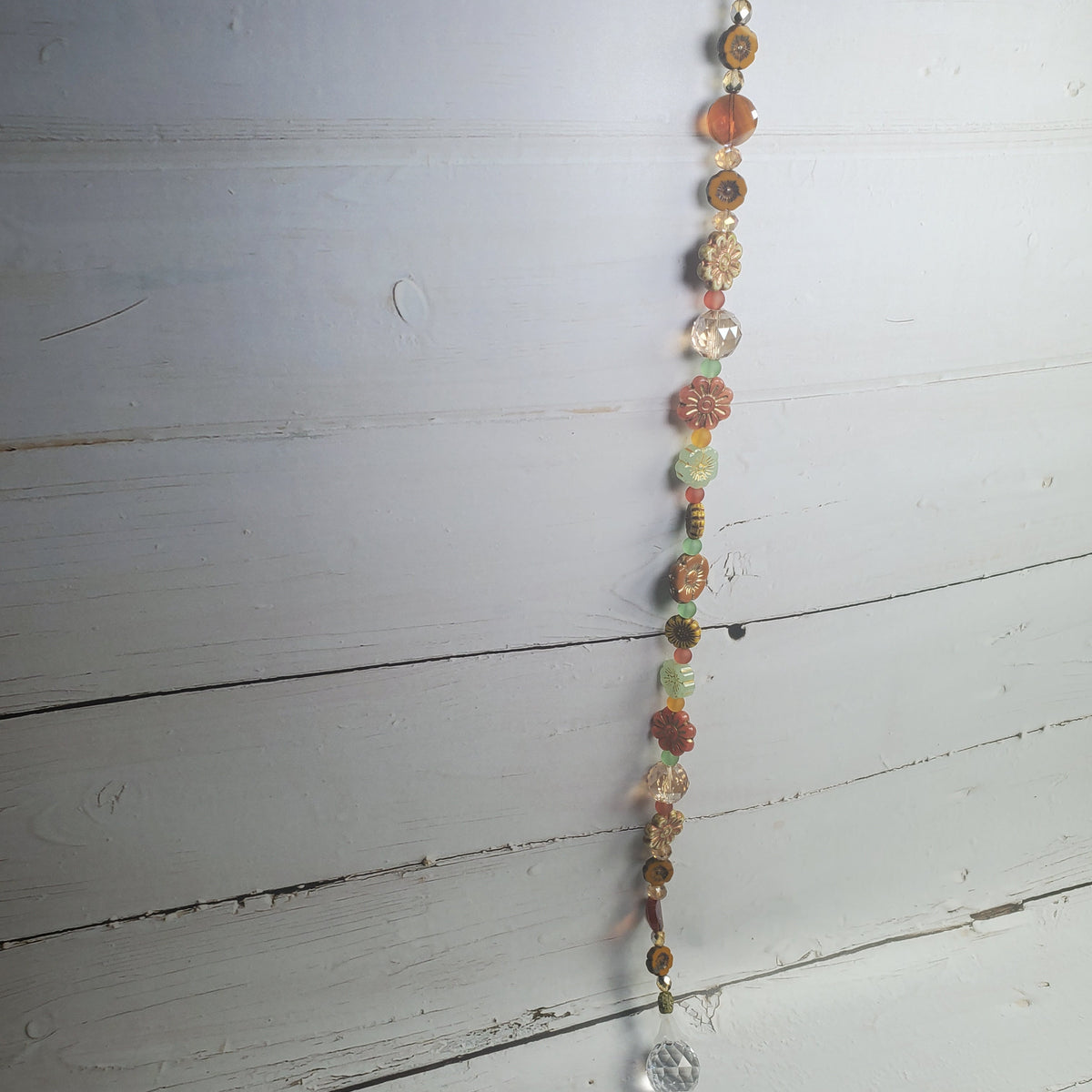 16-Inch Crystal Suncatcher with Czech Glass Flowers – Jewel-Tone Rainbow Prism Window Hanging