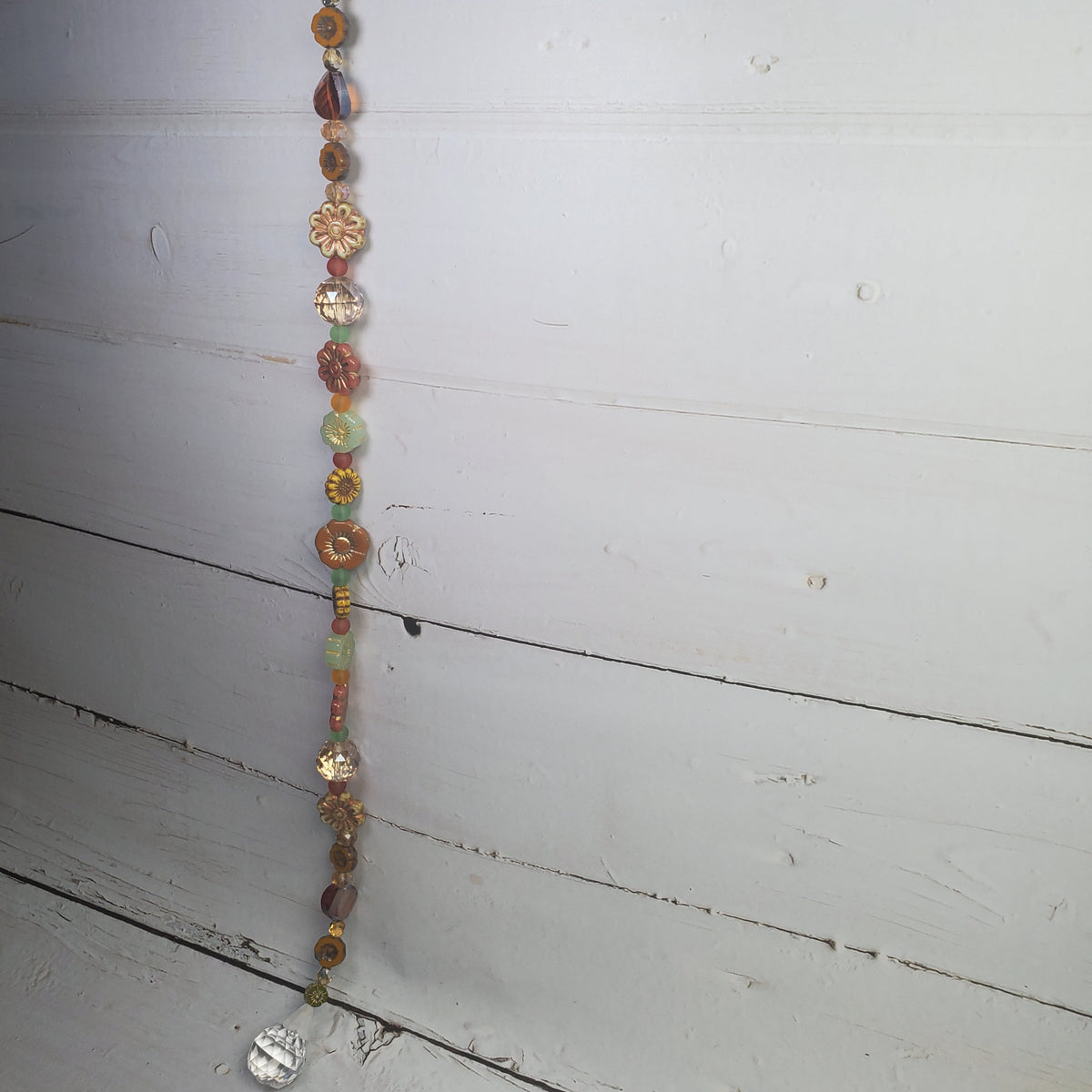 16-Inch Crystal Suncatcher with Czech Glass Flowers – Jewel-Tone Rainbow Prism Window Hanging