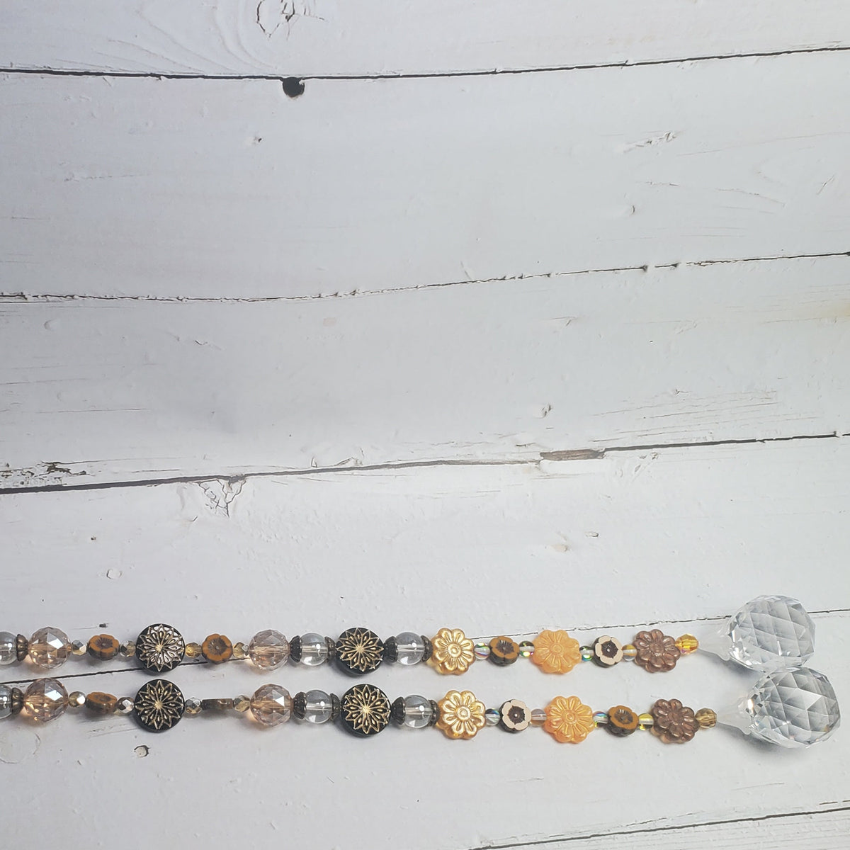 18-Inch Crystal Suncatcher with Czech Glass Flowers – Black, Gold & Amber Prism Window Hanging